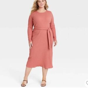 NWT Who What Wear Pink Ribbed Long Sleeve Belted Midi Dress 3X